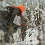 Hunters Hunting in winter wearing blaze orange hunting clothing