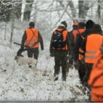 Hunters Hunting in winter wearing blaze orange hunting caps