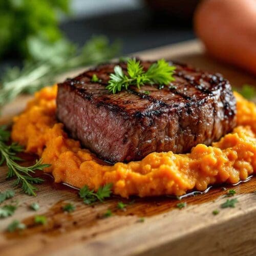 Venison Sirloin with Sweet Potato Puree