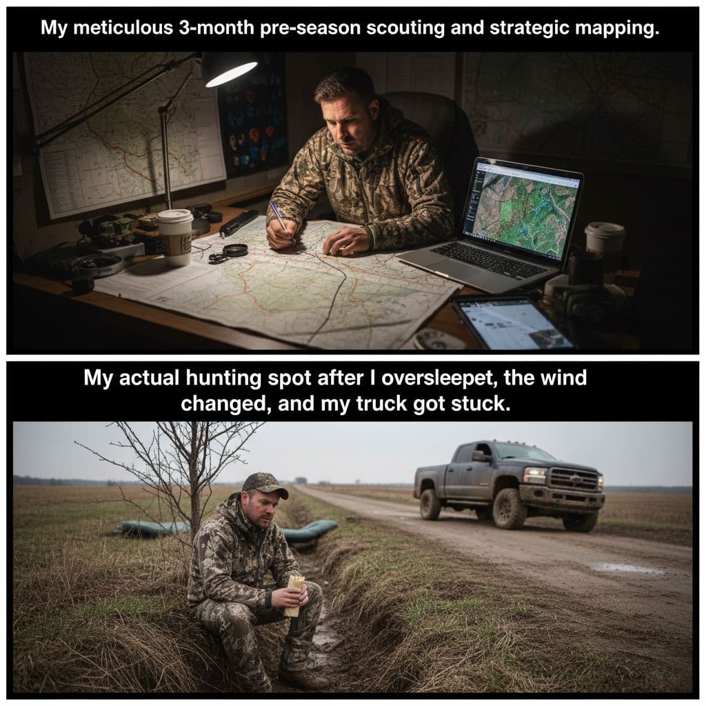 Humorous meme comparing a hunter's detailed pre season scouting with a frustrating actual hunting trip where the truck is stuck Hunting Magazine