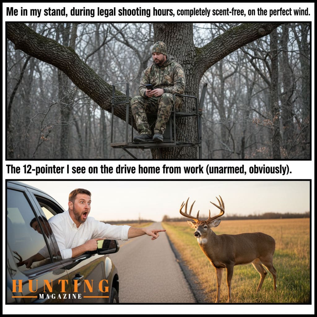 Humorous two panel meme showing a hunter patiently waiting in a tree stand followed by him spotting a huge 12 point buck on the road while driving home from work Hunting Magazine