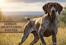 Best Bird Dog Breeds: Top 10 Hunting Dogs for Upland Game A lean German Shorthaired Pointer standing alert in a grassy field during a pheasant hunt.
