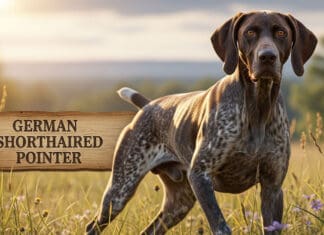 Best Bird Dog Breeds: Top 10 Hunting Dogs for Upland Game A lean German Shorthaired Pointer standing alert in a grassy field during a pheasant hunt.