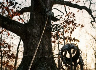 TWRA Records Flag Tree Stand Dangers: Buck Says Buckle Up Tree stand with safety lifeline and full-body harness on an oak, illustrating TWRA tree stand safety concerns in Tennessee