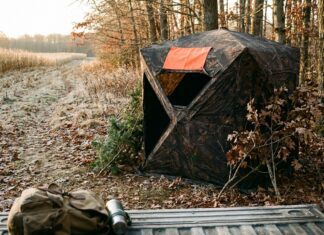 How to Choose a Deer Hunting Blind Camo hub-style deer hunting ground blind with a blaze orange roof panel at a frosty field edge in fall